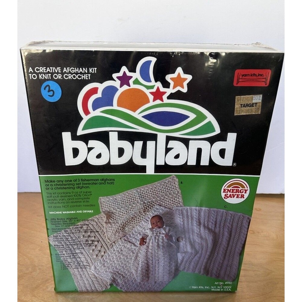 VINTAGE YARN KITS BABYLAND  AFGHAN CROCHET KIT, CHRISTENING KNIT OUTFIT - NEW